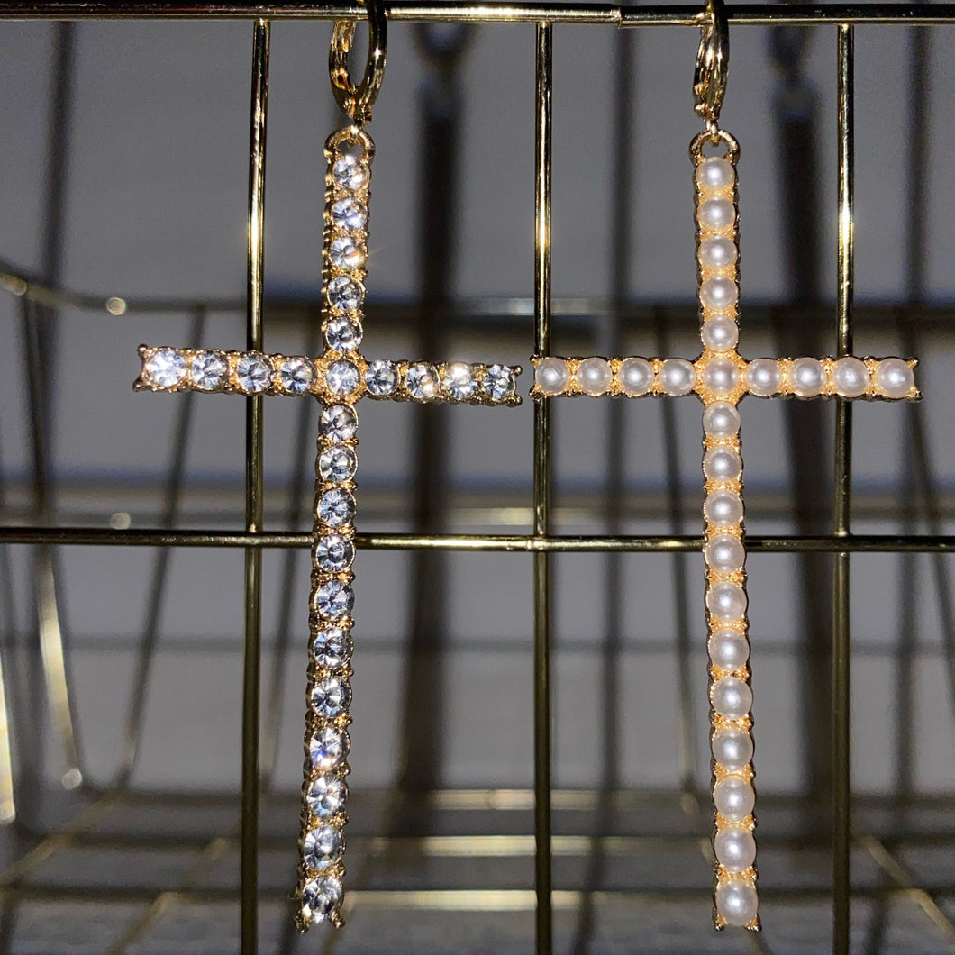 Cross pearl crystal dangle earrings.