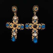 Load image into Gallery viewer, Beautiful vintage black and blue crystal cross drop earrings.
