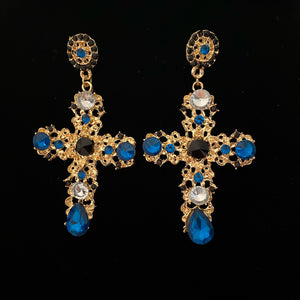 Beautiful vintage black and blue crystal cross drop earrings.