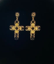 Load image into Gallery viewer, Beautiful vintage black and gold crystal cross drop earrings.
