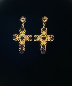 Beautiful vintage black and gold crystal cross drop earrings.