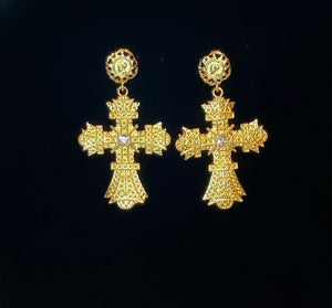 Gold vintage cross drop earrings.