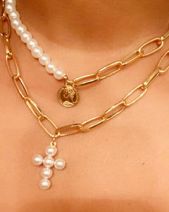 Luxury gold pearls, cross pendant choker Necklace.